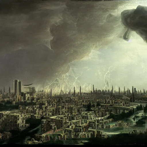 Image similar to a tornado made of dollar bills with dark clouds and city in the background by Ansel Adams and Bernardo Bellotto, oil on canvas, artstation, dramatic scenery, masterpiece, aesthetic