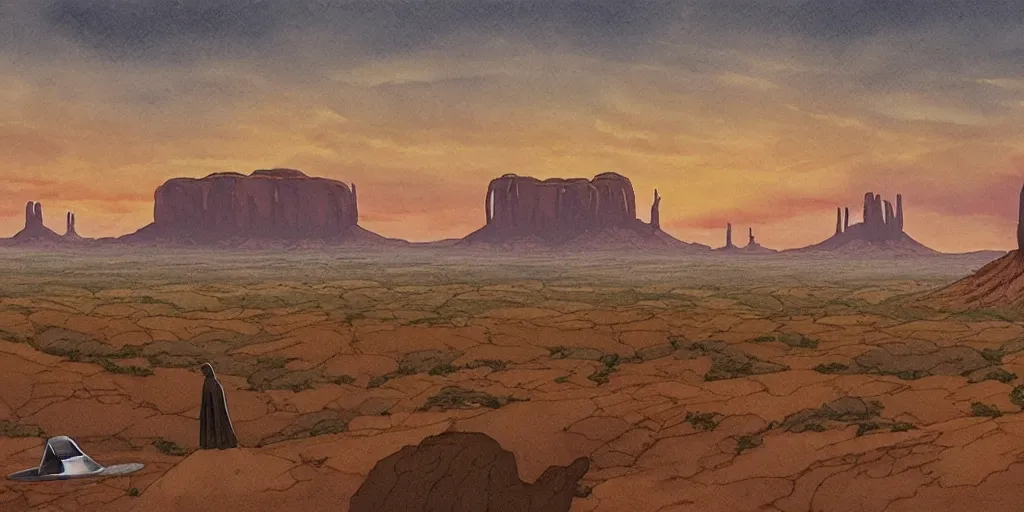 Image similar to a hyperrealist watercolor concept art of a giant ufo from independence day on the horizon of monument valley. a medieval monk in grey robes is in the foreground. golden hour. very muted colors, by rebecca guay, michael kaluta, charles vess. high detail, hq, wide shot, 4 k