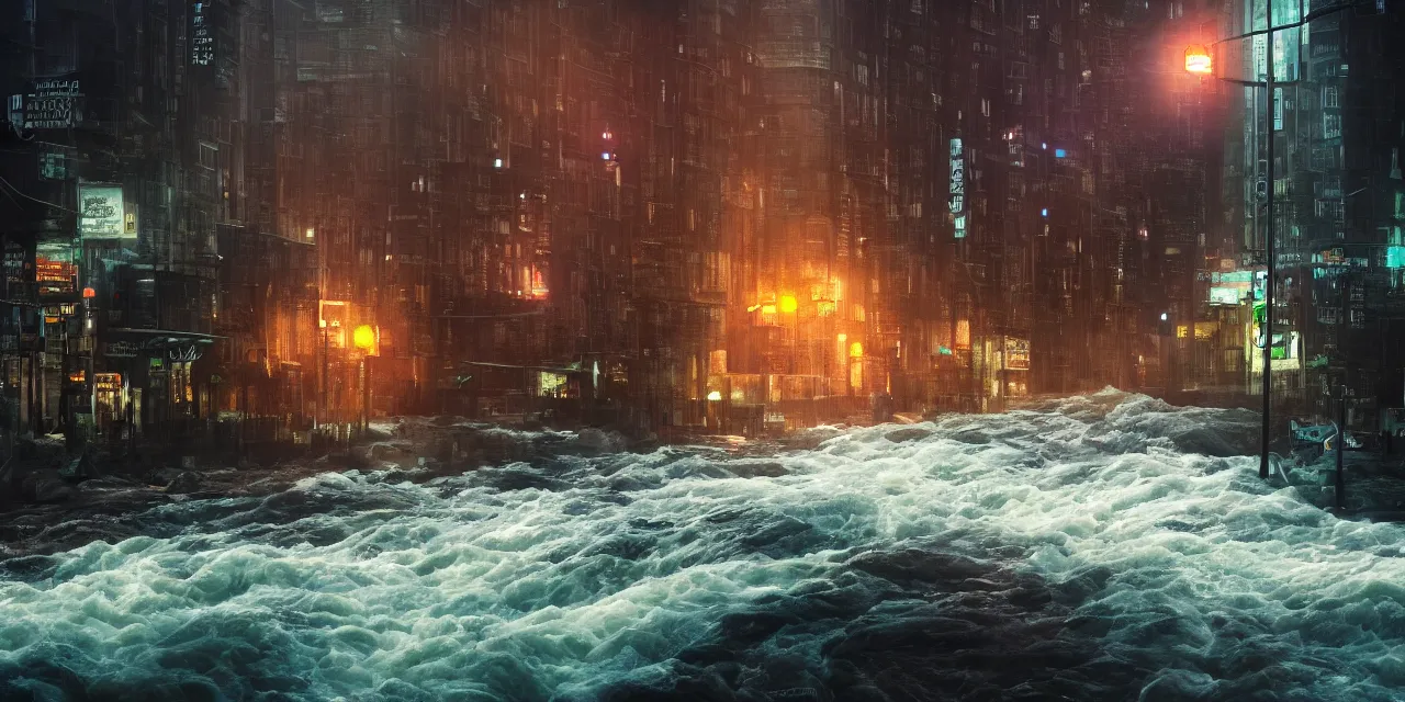 Image similar to street level view of turbulent river rapids rushing through a city at night , volumetric lighting, rain, 4k, octane, digital painting, artstation, concept art, sharp focus, illustration, high contrast, high saturation , cinematic film still,