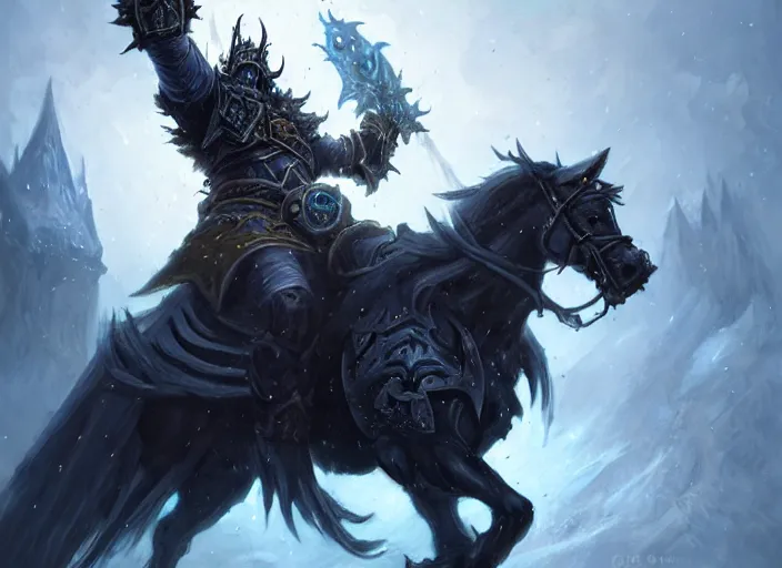 Prompt: lich king from world of warcraft, on a horse by greg rutkowski, detailed face, full body