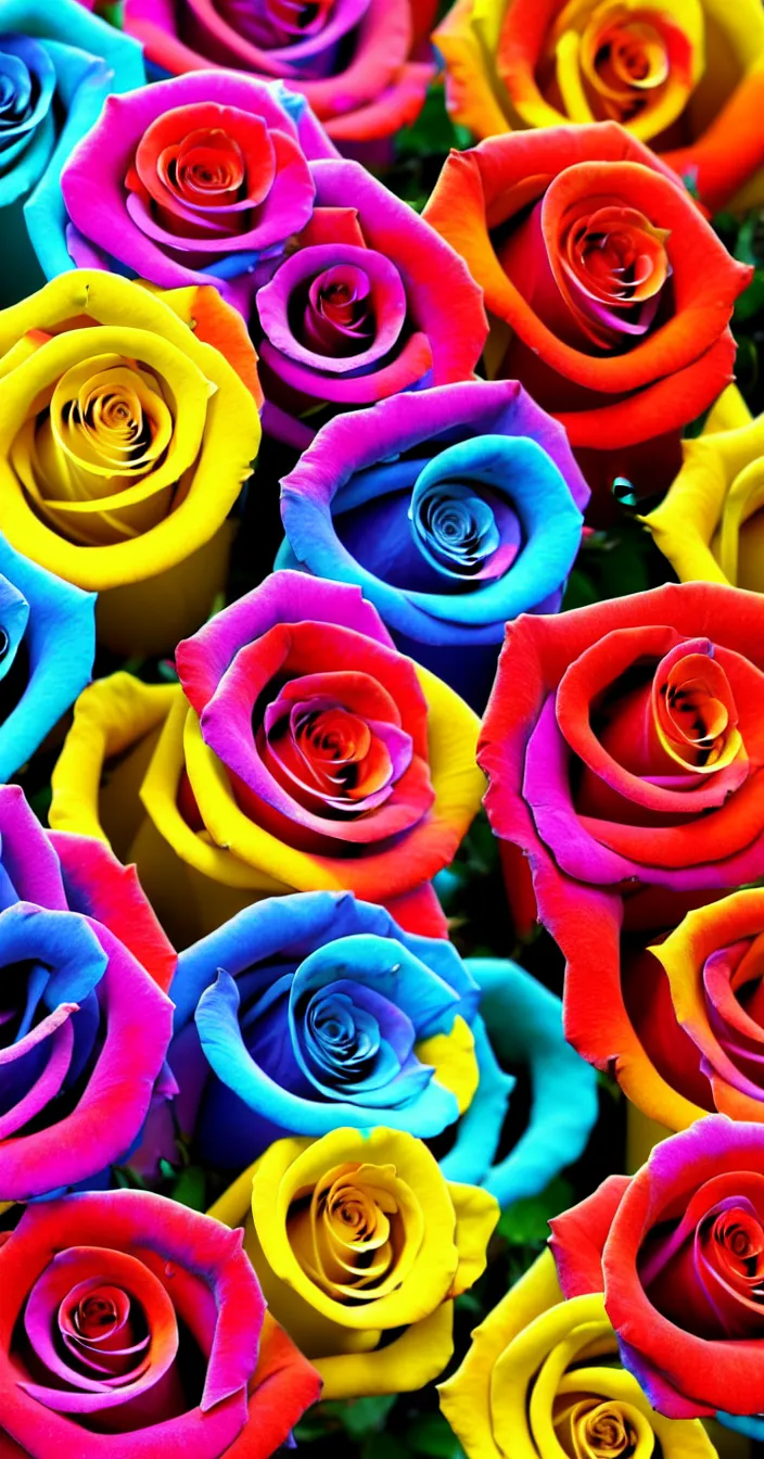 Prompt: highly detailed realistic photo of multi colored roses in glass vase, very sharp focus, blurry background, award winning masterpiece photography, hyper realistic, concept art, 8 k detail post - processing