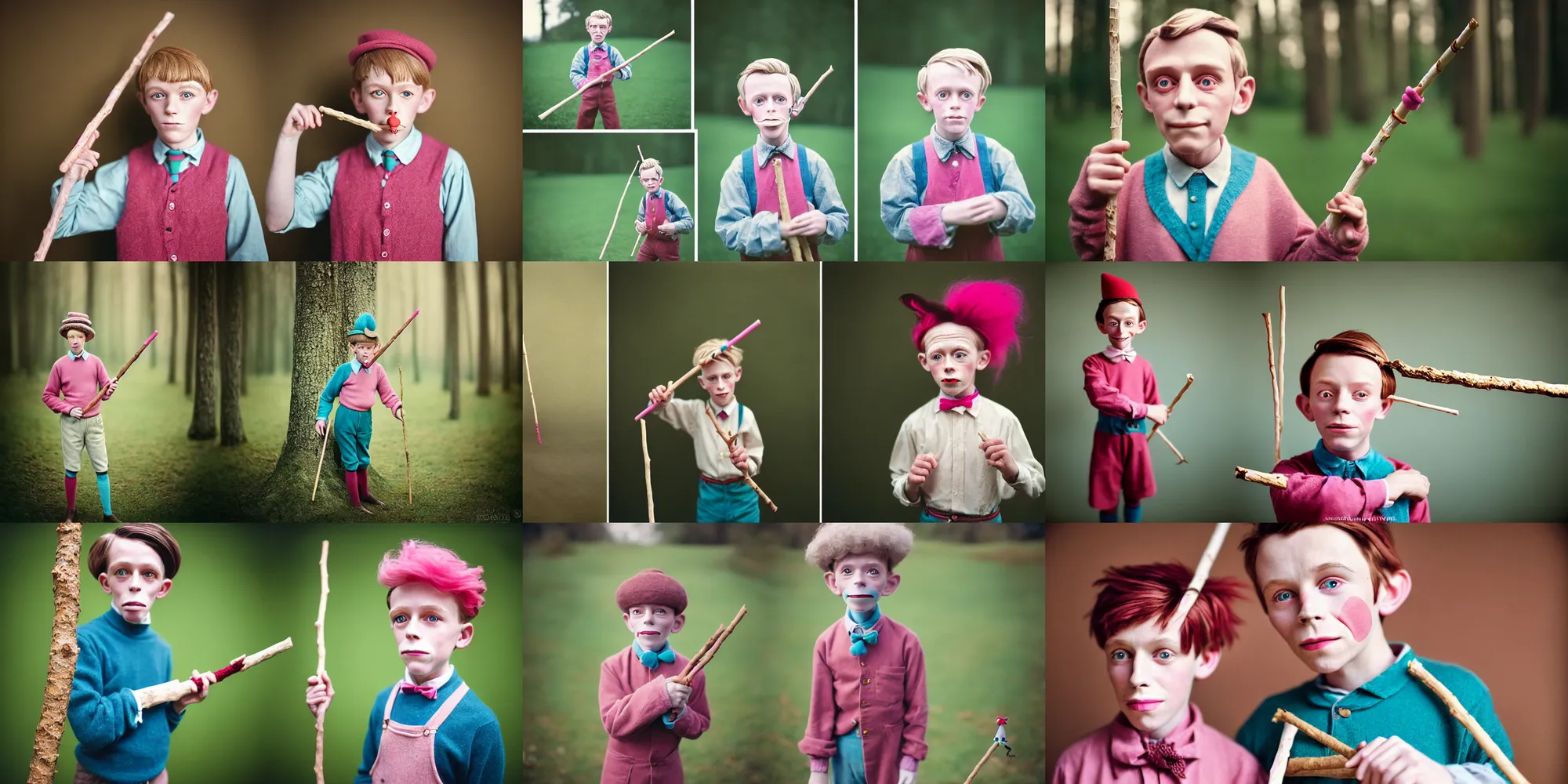 Prompt: kodak portra 4 0 0, 8 k, highly detailed, britt marling style, award winning muted colour portrait of a half 8 year old boy, half wooden pinocchio, with awooden stick, pink, turquoise, motion blur, 1 9 2 0 s hair, 1 9 2 0 cloth style