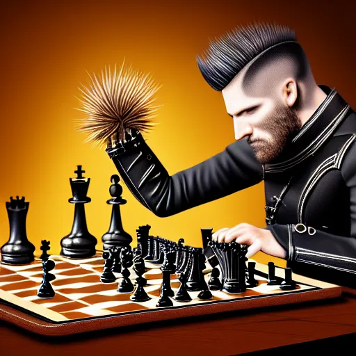 Prompt: man with spiky hair, wearing very complex steampunk armor, playing chess, photorealistic, hyperrealism, high resolution