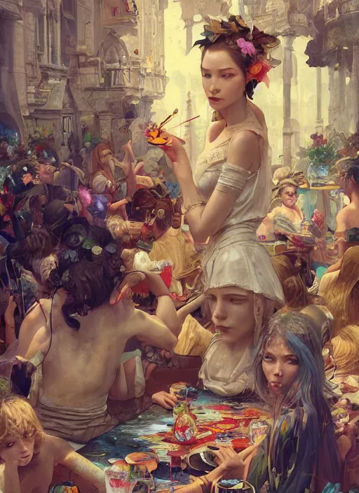 Prompt: beautiful fantasy painting scene of a busy summer day party, by Kenne Gregoire, James Jean, Tran Nguyen, WLOP, Jakub Rebelka. trending on Artstation, 8k, masterpiece, face enhance, graffiti paint, fine detail, full of color, intricate detail, golden ratio illustration