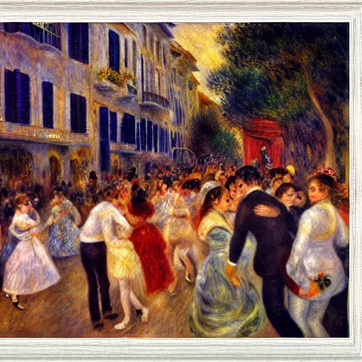 Prompt: impressionist drawing by renoir of a strobo lights disco party in the streets of an old south italy town, many young people dancing, art nouveau frame, high definition,