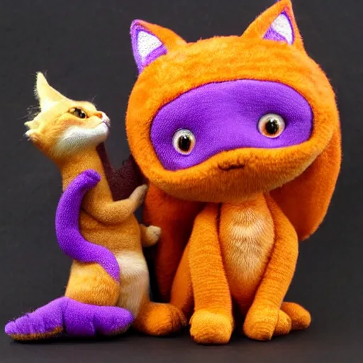 Image similar to cute small purple dragon snuggling orange tabby cat, orange tabby cat hugging tiny purple dragon, realistic