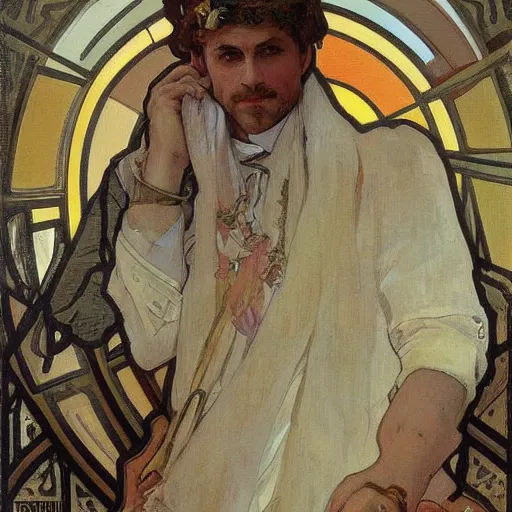 Prompt: lapo lekann painted by alfons mucha