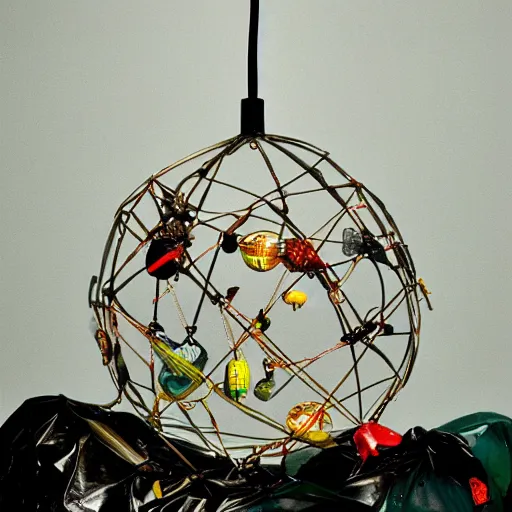 Image similar to Vivienne Westwood orb pendant surrounded by network cables and garbage and trash against a silk backdrop”