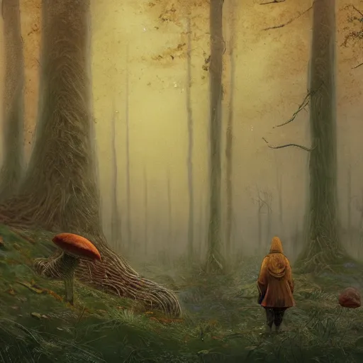 Image similar to an old broken hut mage of huge mushrooms, in an autumn forest, green and brown tones, by Aron Wiesenfeld and beksincki, in the style of of simon stalenhag and Bev dolittle, cinematic, detailed illustration, nature, fog, dark colors, suspense, intricate, 8k in the style