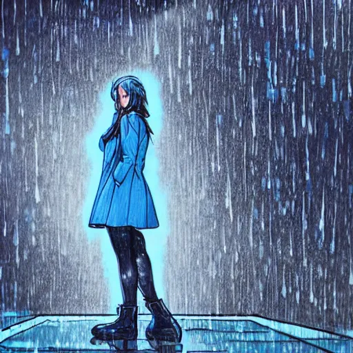 Prompt: low - angle shot from behind of a girl with light blue straight hair in a blue tailcoat overlooking noxia, combat boots, noir, sharp focus, intricate, illustration, wet reflections, rain, highly detailed, art by frank frazzeta, james jean