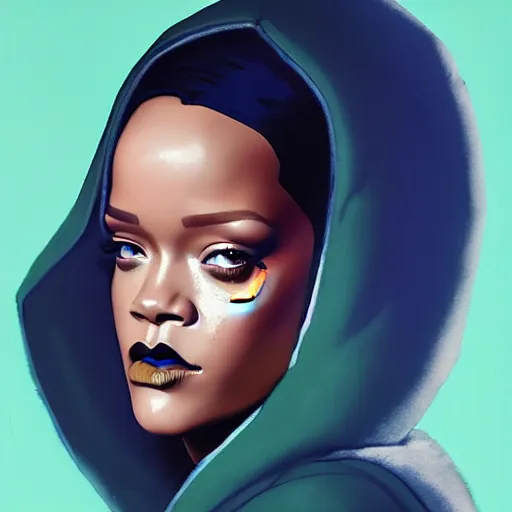 Image similar to Rihanna profile picture by Greg Rutkowski, mod green Bob wig, hooded fur coat, asymmetrical, futuristic, volumetric lights, streetwear, studio ghibli, Organic Painting , Matte Painting, geometric shapes, hard edges, trending on the artstation, fantasy LUT, realistic by Sachin Teng + Martin Grip + Moebius + Patrick Gleason, smooth, sharp focus, illustration, art by John Collier and Albert Aublet and Krenz Cushart and Artem Demura and Alphonse Mucha, techwear, Industrial Scifi, detailed illustration, character portrait,