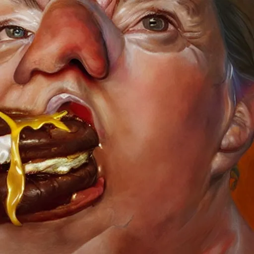 Prompt: realistic painting by jenny saville of donald trump licking a cheeseburger, art by jenny saville and tom bagshaw, detailed, sharp, smooth