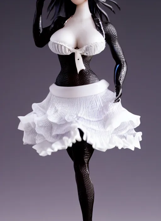 Image similar to Product Introduction Photos, 4K, Full body, 80mm resin detailed miniature of a very muscular lady in White and lacy ruffled mini-skirt, dark skin, black hair, standing, looking left