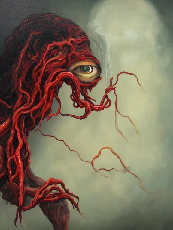 Prompt: oil painting of a flying sorrowful looking human head with tears running down it's eyes, face that is chalk white in color, with long sprawling white tentacles stemming down it's neck, fiery scorching red eyes, flying in a terrifying hellish dark cavernous place