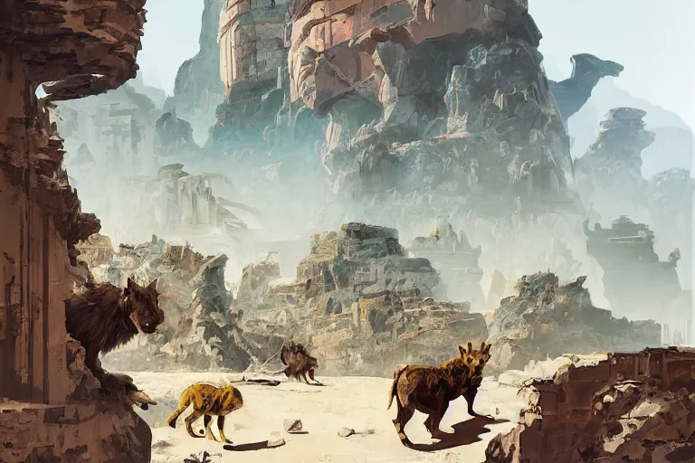 Image similar to an architectural painting of stray wild animals roaming among the ruins of an archaic city of ancient persia looming above a canyon by syd mead and frank frazetta and james gilleard in the style of hugh ferriss, ancient persian architrcture by hugh ferriss and peter mohrbacher