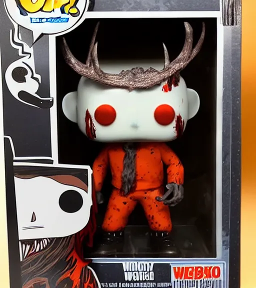 Image similar to limited edition horror themed wendigo with antlers funko pop still sealed in box, ebay listing, orange bloody box