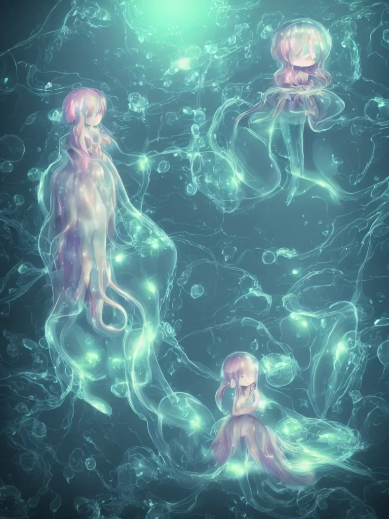 Prompt: cute fumo plush of an otherworldly translucent jellyfish goth girl floating in the deep sea, mysterious tattered maiden tendrils and dress, anime, heavy rain reflective water surface, glowing lens flare green wraith girl, wisps of volumetric fog and smoke in refracted vortices, vignette, bokeh, vray