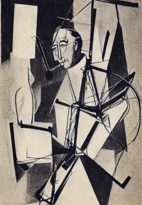 Image similar to a concept drawing of marcel duchamp holding up a chess - piece wire - machine, a surrealist painting by marcel duchamp, complex artificial - intelligence machinery, minimal sketch flow - chart, academic art, 1 9 2 0 s