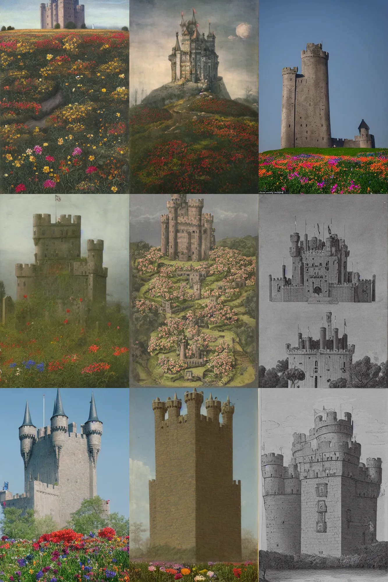 Prompt: A very intrincated and ominous tall castle stands in the middle of an plain covered with colorful flowers