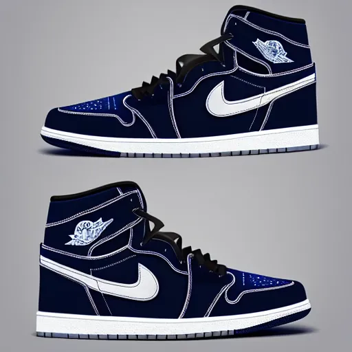 Prompt: “Air Jordan 1, navy blue and grey, ultra realistic, cinematic”