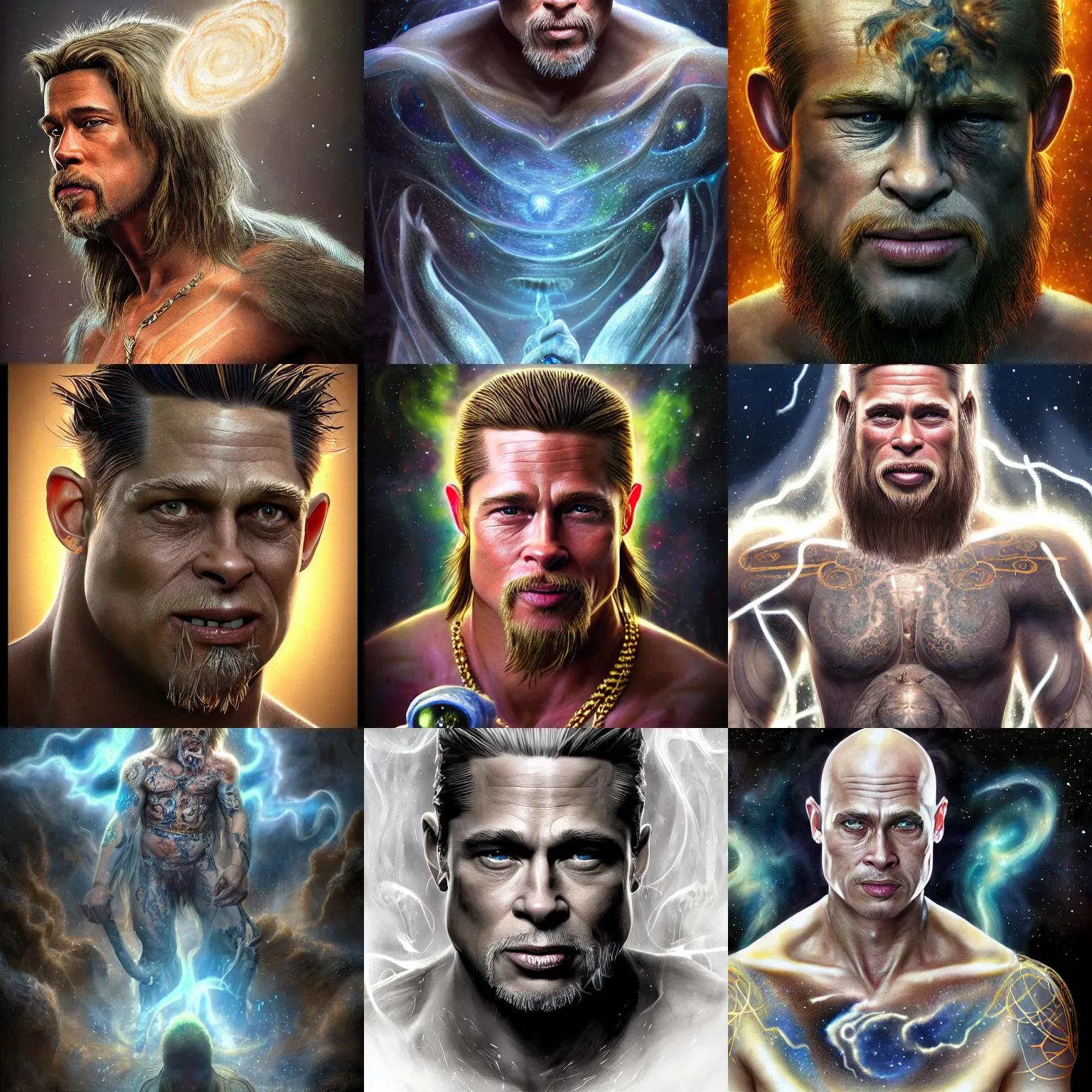 Prompt: a wlop 3 d render of very very very very highly detailed beautiful mystic portrait of a brad pitt ghost toxic ape warrior with whirling galaxy around, tattoos by anton pieck, intricate, extremely detailed, digital painting, artstation, concept art, smooth, sharp focus, illustration, intimidating lighting, incredible art