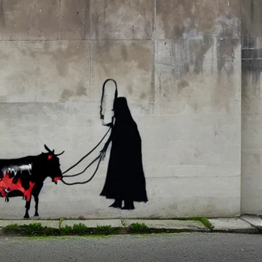 Prompt: a grim reaper walking a cow with a rope in the style of banksy