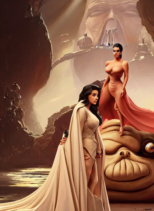 Prompt: A film still of kim kardashian as princess leigha beside jabba the hut in star wars, highly detailed, digital painting, artstation, concept art, sharp focus, illustration, cinematic lighting, art by artgerm and greg rutkowski and alphonse mucha diffuse lighting, fantasy, intricate, elegant, highly detailed, lifelike, photorealistic, digital painting, artstation, illustration, concept art, smooth, sharp focus, art by John Collier and Albert Aublet and Krenz Cushart and Artem Demura and Alphonse Mucha