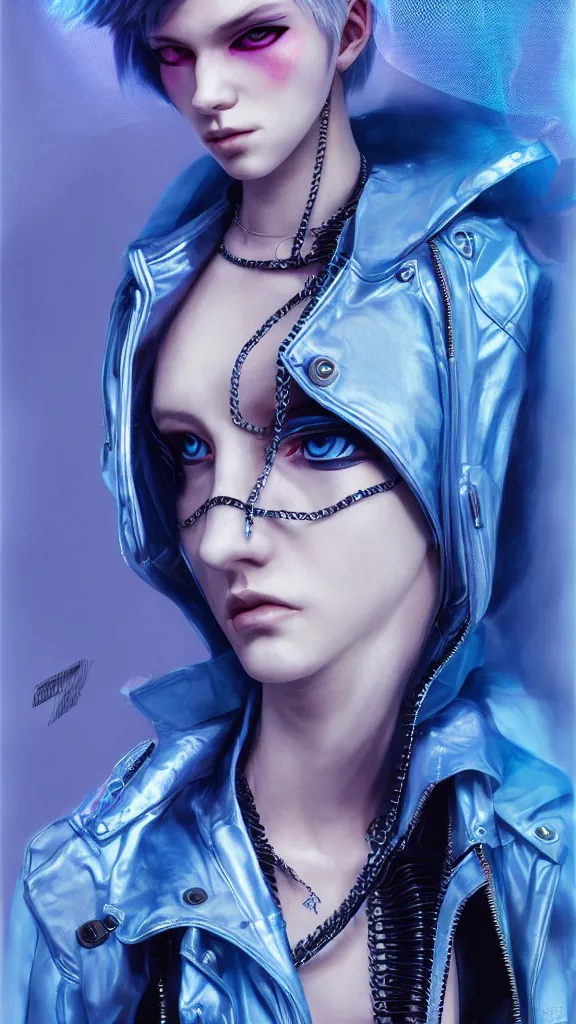 Image similar to full body shot of young woman punk dressed in cyberpunk clothing, soft blue light, by rineke dijkstra and artgerm, intricate details, highly detailed, sharp focus, masterpiece, 8 5 mm