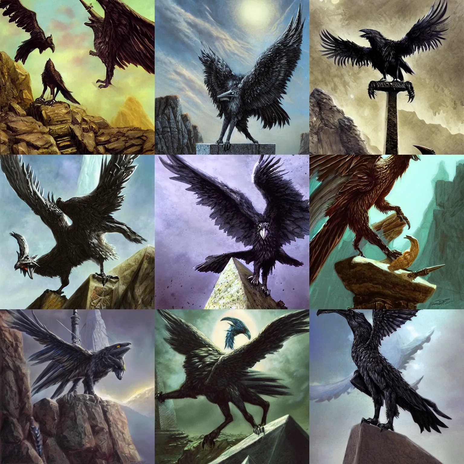 Prompt: a wolf with the wings and beak of a crow, perched on top of a stone obelisk, medium shot, photorealistic, Dungeons and Dragons art, art by Ralph Horsley and James Gurney