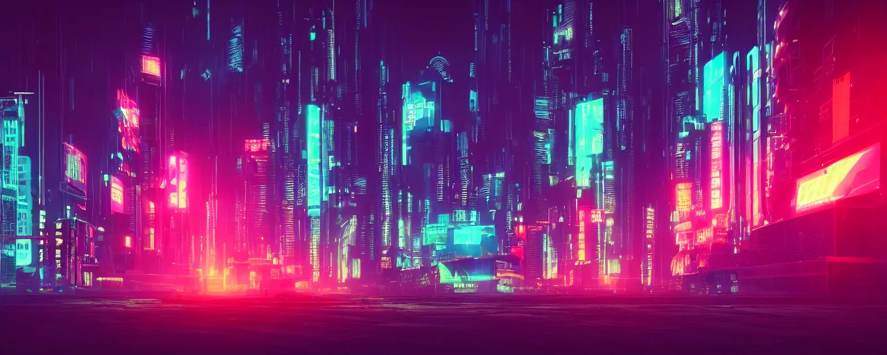 Image similar to cyberpunk, city, neon lights, glow, retrowave style, sunset,