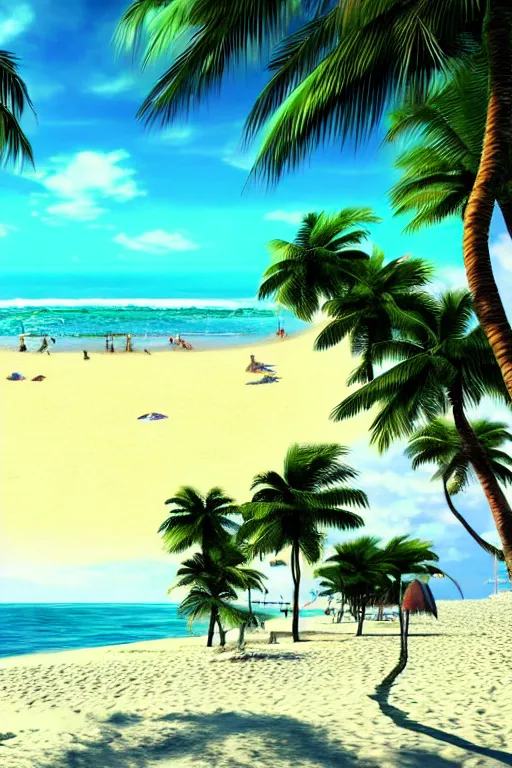 Image similar to beach, ocean, palm trees, sunshine, first person view, scenery wallpaper aesthetic, beautiful, cinematic, dramatic, super detailed and intricate, hyper realistic, 4 k render, by satoshi kon, by kentaro miura