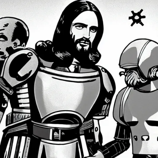 Prompt: Jesus in a mech suit fighting Hitler in a mech suit, photo