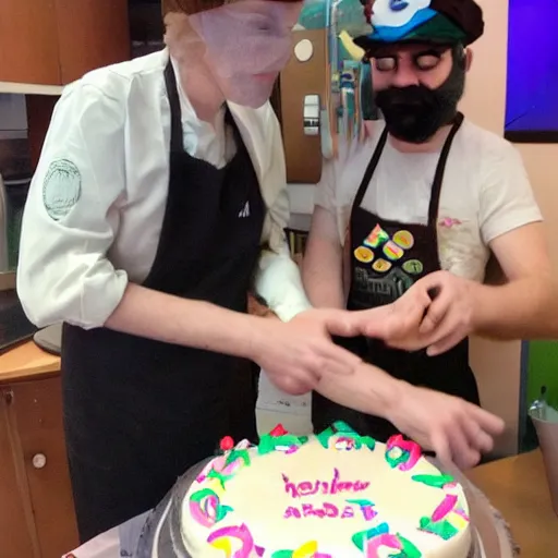 Image similar to among us crewmates baking imposters a cake