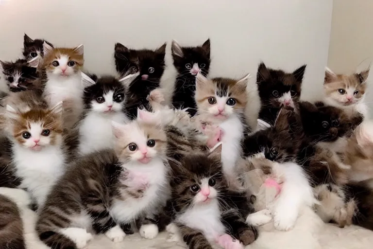 Image similar to a living room full of cute kittens that are all sitting positioned facing directly at the camera and all of the kittens are looking directly into the camera