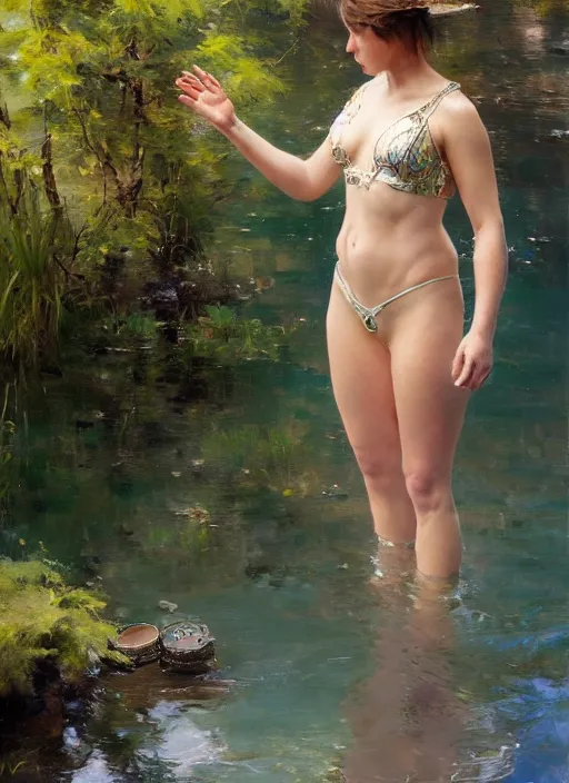 Prompt: first person perspective of a woman looking at her hands full of rings, the woman is reflected in the water of a lake. by daniel f. gerhartz, hyperrealistic oil painting, 4 k, studio lightning, very detailed, rtx on