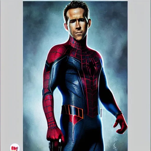 Image similar to ryan reynolds as spider - man, wearing a black and blue suit, cinematic, volumetric lighting, f 8 aperture, cinematic eastman 5 3 8 4 film, photorealistic by greg rutkowski, by stanley artgerm, by alphonse mucha