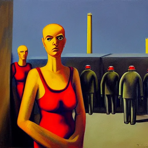 Prompt: prisoners, robotic guards, human subjugation, mind control, dystopian, pj crook, edward hopper, oil on canvas