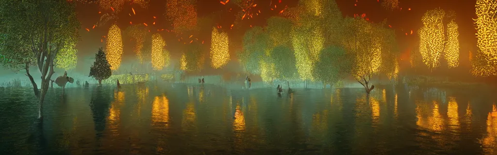 Prompt: ,fantasy forest of glowing trees and glowing flying insects, a lake reflecting the lights, myst on the air, cinematic feel, hyper realistic, high detail, blender render ，Matte drawing，high quality photo，trending artstation，Matte drawing