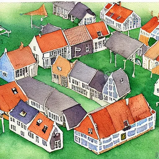 Image similar to a building in a typical dutch village. isometric aerial view. whimsical watercolor illustration by anton pieck. very detailed