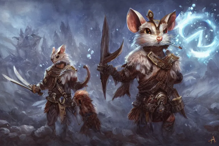 Image similar to dungeons and dragons fantasy painting, close order phalanx of mice spartans, 3 0 0, whimsical and cute, determined expressions, watery blue eyes, anime inspired, white fur, tufty whiskers, steel blades, dawn lighting, at thermopolae by anato finnstark