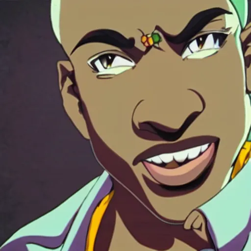 Image similar to Tupac Shakur, screenshot from a 2012s anime