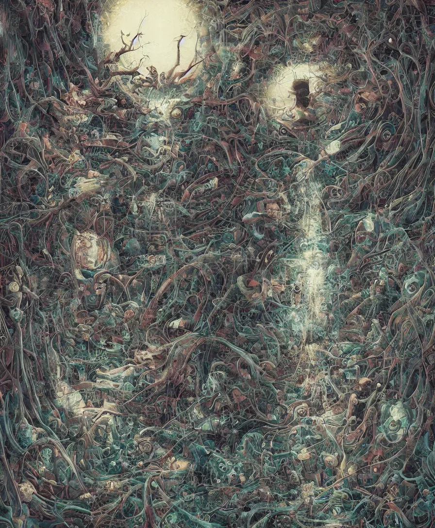 Image similar to Liminality as the moment of a person's transition to a borderline state | intricate artwork. dark art style. artwork in the style of hieronymus bosch and beeple, tooth wu, dan mumford, wlop, rossdraws, James Jean, yoshitaka Amano