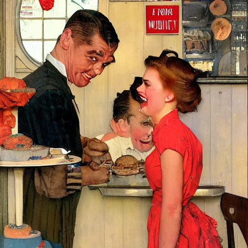 Image similar to a midget and his wife cause problems at the local bakery, painted by norman rockwell and tom lovell and frank schoonover