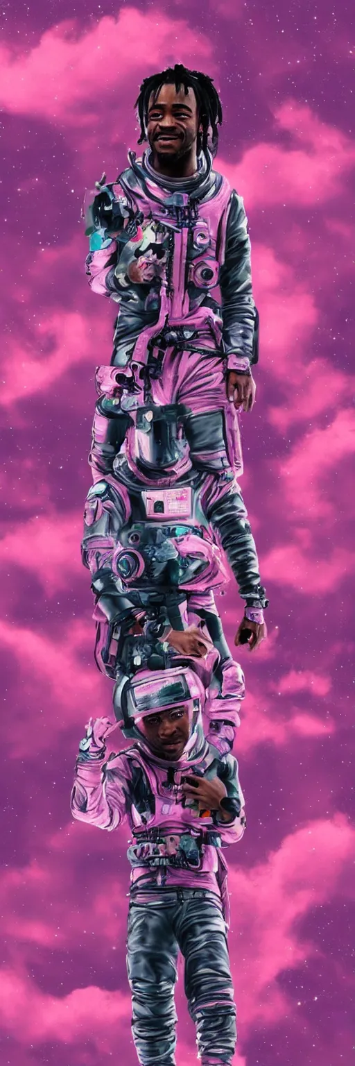 Prompt: Cinematic full body portrait of Lil Uzi Vert wearing a pink spacesuit, cinematic photograph, matte painting, trending on artstation, space clouds art