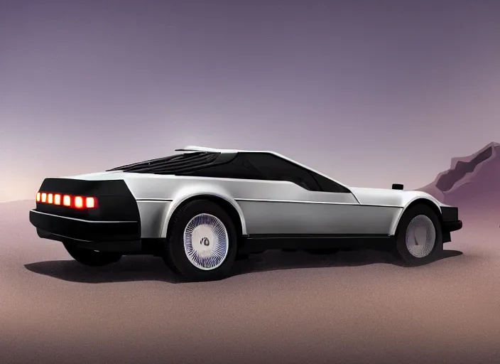 Image similar to wide view shot of a new car for 2 0 3 2 with offroad tires installed. style by petros afshar, christopher balaskas, goro fujita, and rolf armstrong. car design by delorean motor company and land rover.