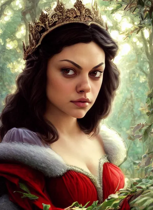 Image similar to beautiful young mila kunis as snow white princess disney, closeup, d & d, fantasy, intricate, elegant, highly detailed, digital painting, artstation, concept art, matte, sharp focus, illustration, art by artgerm and greg rutkowski and alphonse mucha