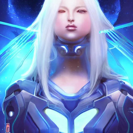 Image similar to perfect android girl on a mothership, warframe armor, beautiful face, scifi, futuristic, galaxy, nebula, bae suzy, dreamy, long white hair!!!, blue cyborg eyes, sharp focus, cinematic lighting, highly detailed, artstation, divine, by gauthier leblanc, kazuya takahashi, huifeng huang