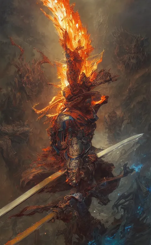 Image similar to close view of flaming sword on table, front game card, drark, marvel comics, dark, intricate, highly detailed, smooth, artstation, digital illustration by ruan jia and mandy jurgens and artgerm and wayne barlowe and greg rutkowski and zdislav beksinski