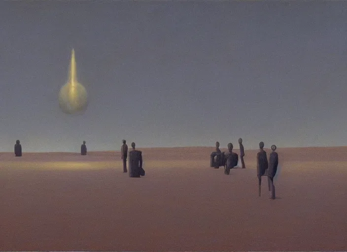 Prompt: painting of a ufo cult, science fiction, Edward Hopper and James Gilleard, Zdzislaw Beksinski, highly detailed, cinematic, rule of thirds