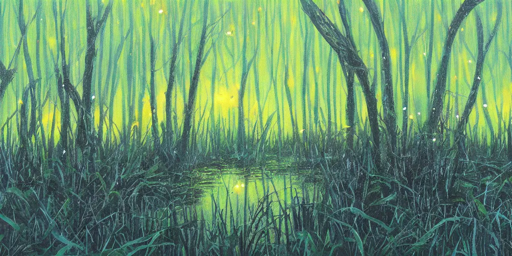 Prompt: painting of fireflies in a murky swamp